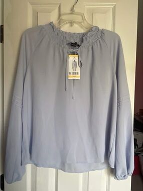 Women's Light Blue Smocked-Neck Long Sleeve Blouse